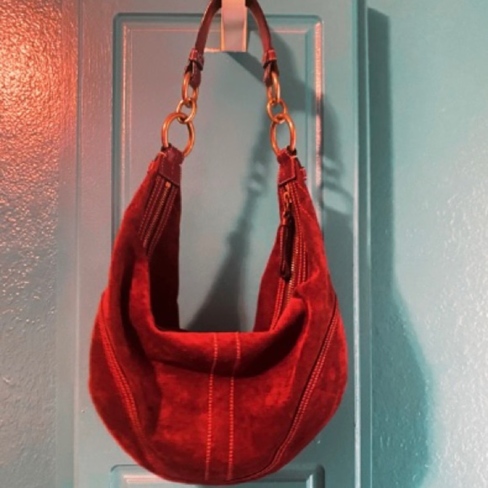 Coach Burgundy Suede Leather Trim Hobo Purse Shoulder Bag. Y2K burgundy purse!!!